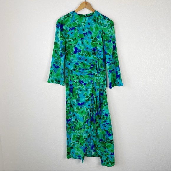 Zara Blue & Green Floral Long Sleeve Ruched Midi Dress - Picture 4 of 9